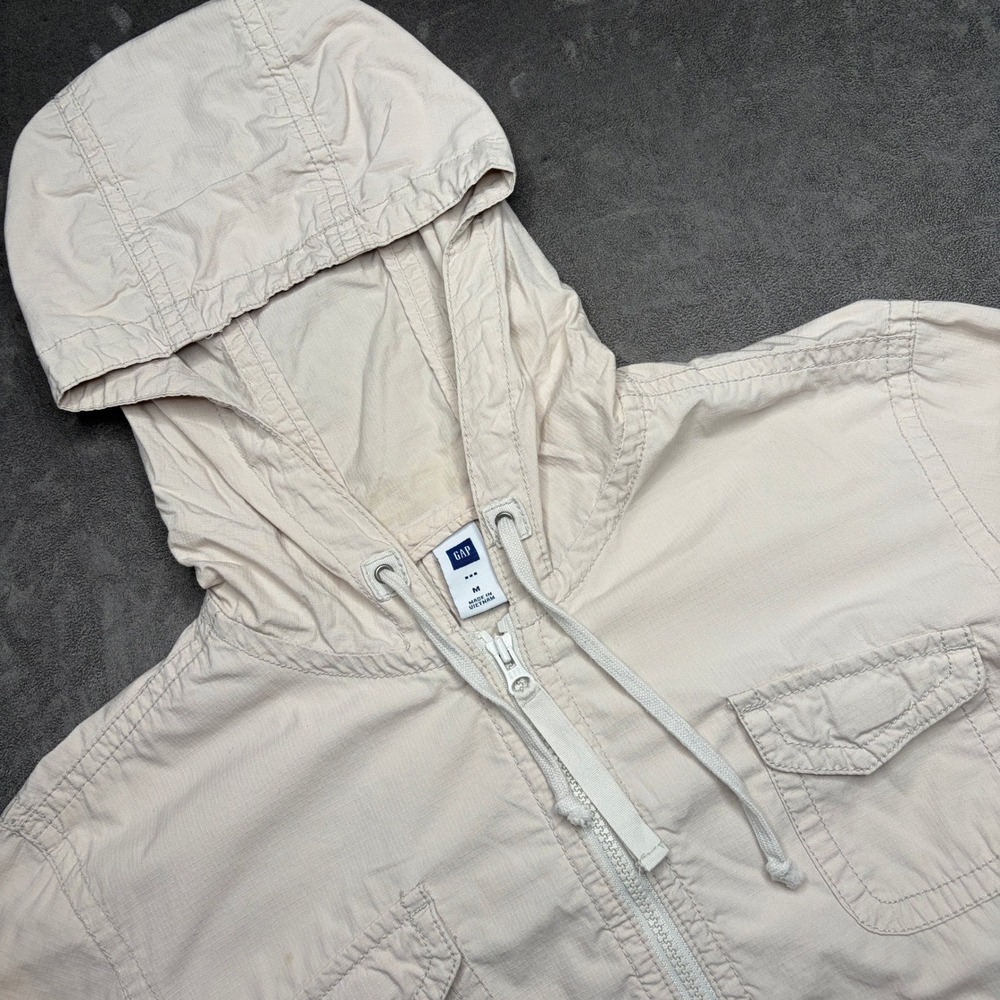 GAP Utility Jacket Womens Medium‎ Beige Ripstop Hooded Full Zip Cargo Cotton